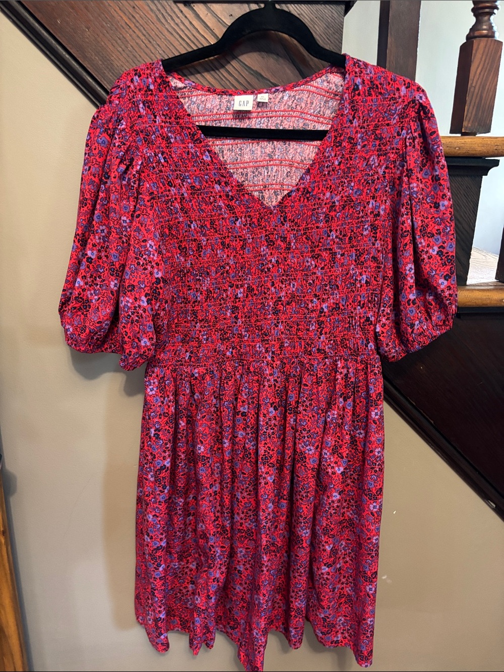 GAP Pink and Blue Floral Smocked V-Neck Dress